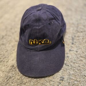Vintage Nike Athletics Hat Navy Blue Yellow Embroidered Swoosh Strapback Y2K